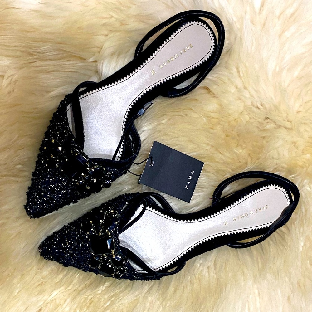 NWT Zara Black Tweed Bejeweled Slingback Flats